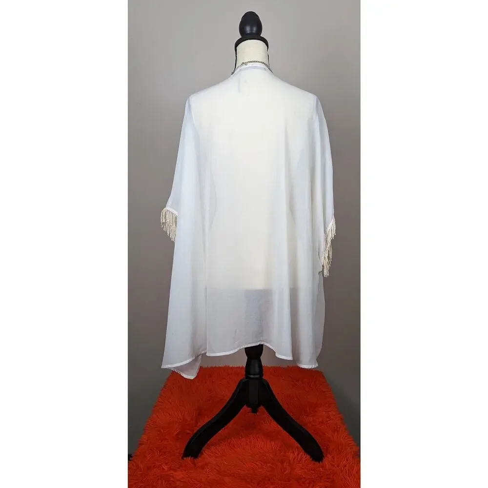 Ella Blue Cream White Floral Embroidered Fringe Sleeves Sheer Kimono M/L